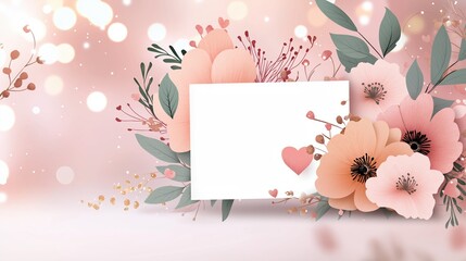 Elegant floral frame with pink flowers and heart on soft bokeh background, romantic card design for wedding or Valentine's Day