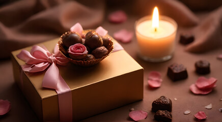 Chocolates are packed in a brown gold box, decorated with a light pink satin ribbon, around which are sprinkled rose petals and small pieces of chocolate, and candles in a glass give off a warm glow.