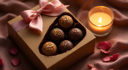 Chocolates are packed in a brown gold box, decorated with a light pink satin ribbon, around which are sprinkled rose petals and small pieces of chocolate, and candles in a glass give off a warm glow.