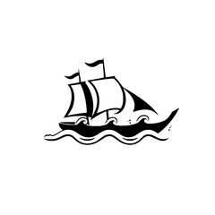 Silhouette of a sailboat sailing on waves, against a white background