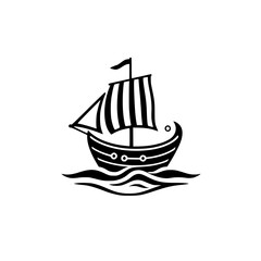 Stylized illustration of a black and white sailboat on white, featuring a stylized boat and waves.
