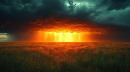 Fiery Sunset Storm over Serene Field