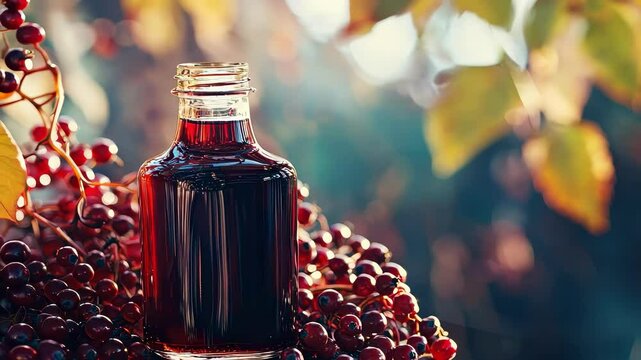 Close-up of elderberry and elderberry juice. Selective focus