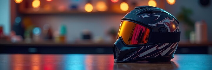 Fototapeta premium Helmet and goggles mockup on a table for testing, sports equipment prototype, goggles prototype