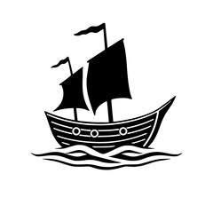 Silhouette of a simplified sailboat sailing on stylized waves on white background.