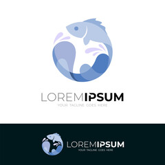 fish logo and water waves forming a circle, blue color