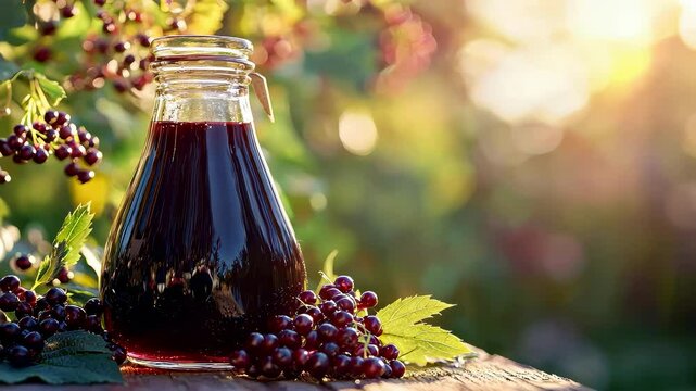 Close-up of elderberry and elderberry juice. Selective focus
