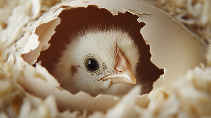 Frisch geschlüpftes Küken sitzt noch in der Eierschale und schaut hinaus.