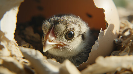 Frisch geschlüpftes Küken sitzt noch in der Eierschale und schaut hinaus.