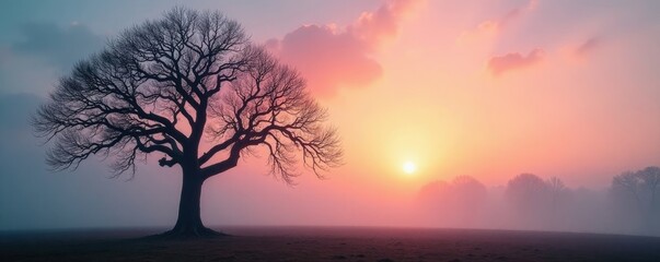 Obraz premium Tree's bare branches stretch towards the morning sky with mist, skeletal, tree