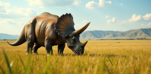 Fototapeta premium Triceratops with frill and horns grazing in a field of tall grass, herbivore, plains, grazing