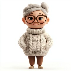 Elderly woman with glasses and a cozy sweater, isolated on white background