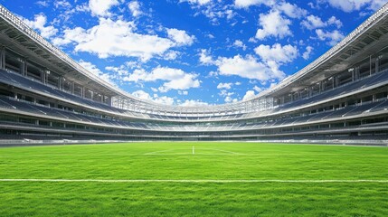 Empty stadium under a clear sky, ready for a match. Possible use Sports photography