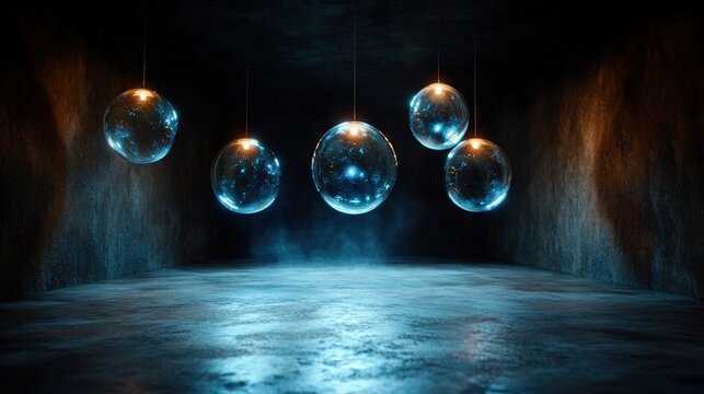 This mesmerizing image shows illuminated glass spheres containing cosmic elements, floating in a dark space, embodying a sense of wonder and exploration of the universe.