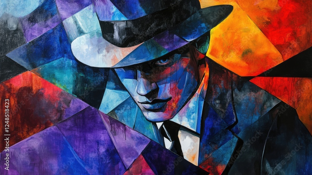 Poster abstract cubist portrait of a man in a hat