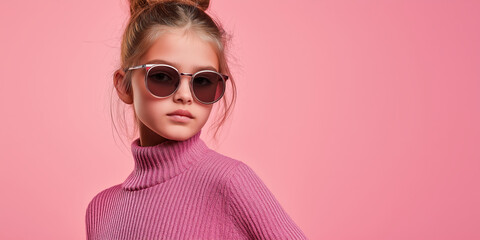 Girl in pink turtleneck sweater and sunglasses with hair bun on pink background. Eyewear catalog