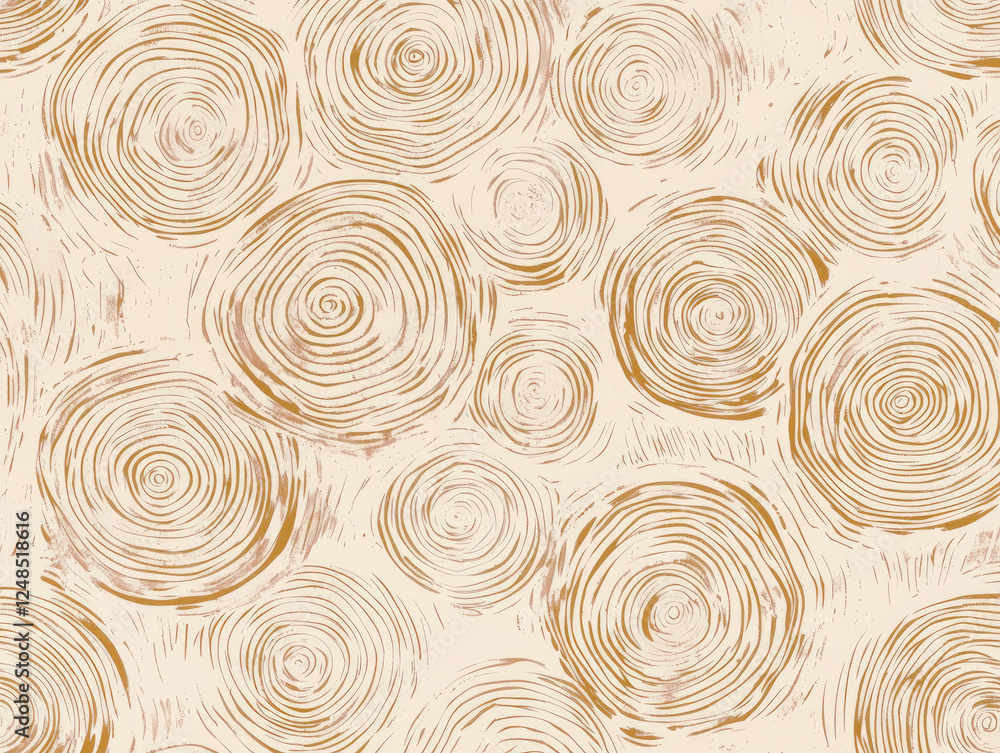 Poster seamless pattern with abstract circular wood grain texture in beige and brown tones, creating rustic