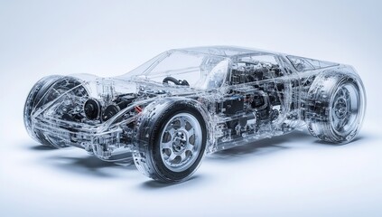 Naklejka premium Exploring Transparent Car: Unveiling Internal Mechanisms with Detailed 3D Model, Showcasing Engineering Marvels.