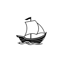 A minimalist illustration of a black sailing boat floating on water with visible waves, clean, stark background.