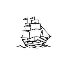Detailed black and white illustration of a sailing ship, sailing on the sea.