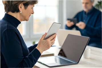 A woman holds a tablet while sitting near a laptop, with a man using a smartphone in the background, in a bright and modern workspace.