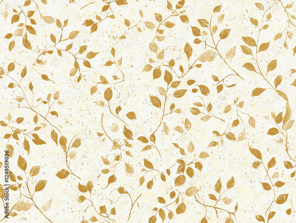 Poster seamless pattern with gold leaves on textured white background, creating elegant and sophisticated d