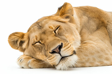 A serene lioness peacefully sleeping with a content expression, showcasing her majestic features against a clean white background.