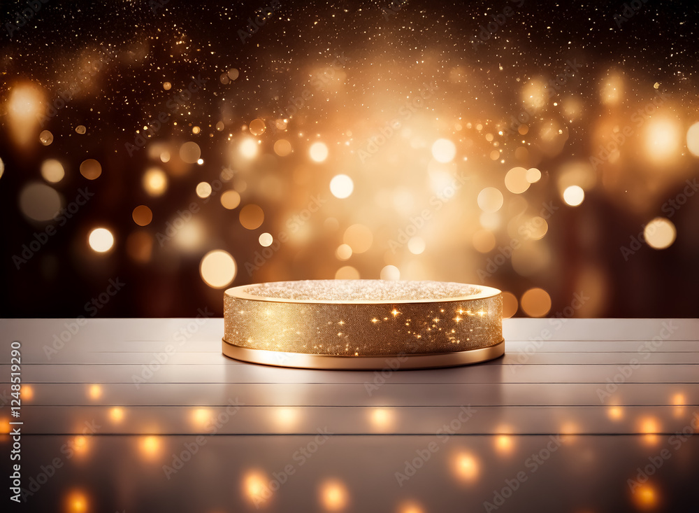 Sticker a luminous golden podium with a double exposure effect and sparkling bokeh lights creates a dreamy a
