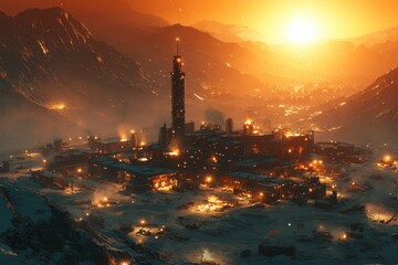 Factory Town at Sunset, Snowy Mountains