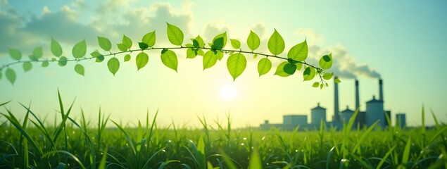 Sustainable energy concept: green leaves overlapping industrial factory in sunrise