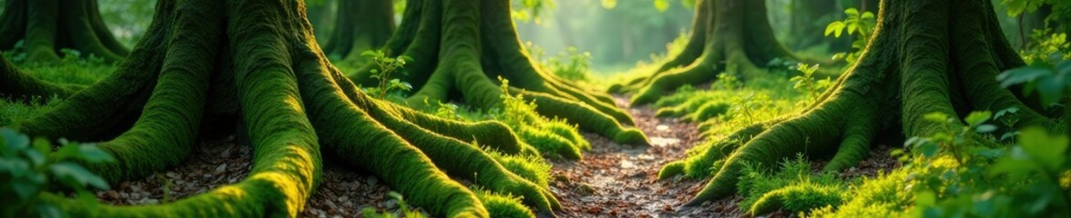 Naklejka premium Twisted tree roots meander through moss carpet, serene atmosphere, natural path