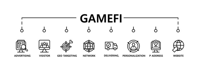 Gamefi banner web icon vector illustration concept with icon of defi, white paper, play to earn, digital token, nft, blockchain, pool rewards and staking