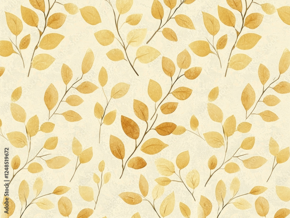Poster seamless pattern with gold leaves on textured background, creating elegant and natural design