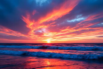 Obraz premium Peaceful evening atmosphere with a gorgeous sunset and gentle waves lapping at the shore.