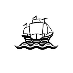 Black and white illustration of a classic sailboat sailing on the water.