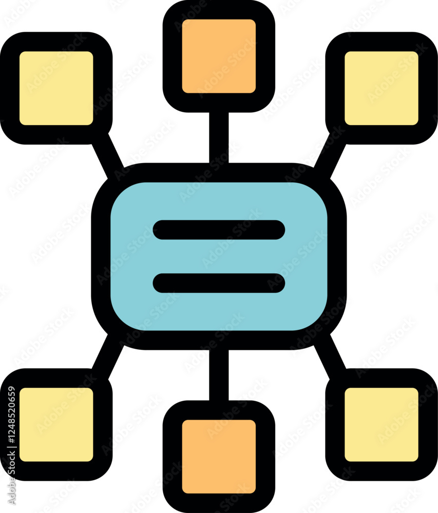 Poster colorful icon representing data integration, connecting various data sources to a central hub for pr