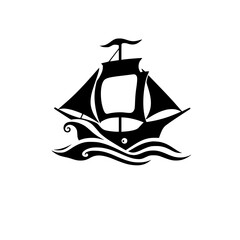 Black Silhouette Sailing Ship Illustration on White Circle.