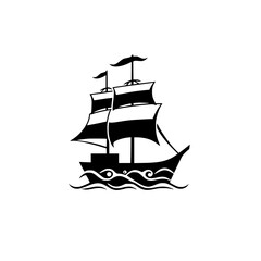 Silhouette of a sailing ship with black and white sails and waves, set against a white background.