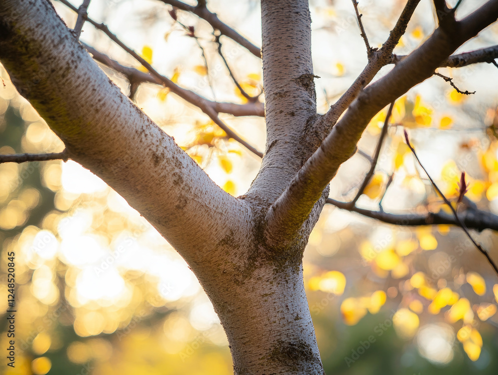 Poster close up of tree trunk with branches extending outward, set against backdrop of soft, warm bokeh and