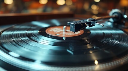 Vinyl Record Spinning on Turntable: A Close-Up View