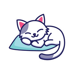 Ilustrasi Ikon Vektor Kartun Kucing Lucu Duduk di atas bantal Ilustrasi. Konsep Ikon Alam Hewan Vektor Premium 