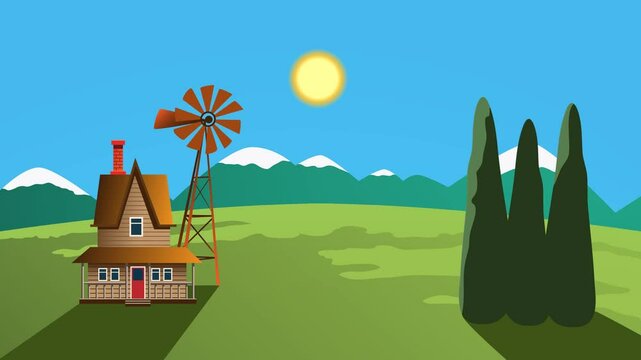 Day follows Night. Rural landscape with day and night changing. Flat Looped animation.