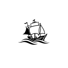 Black Silhouette of a Sailing Vessel on a White Backdrop, Illustrated Design, Minimalist, Nautical Theme.