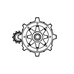 Black and white, minimal gear image of two gears interlocked, in a simple, clean design, with a white background.