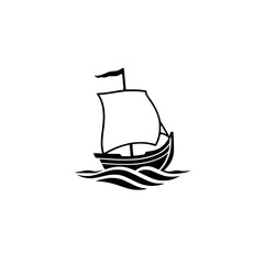 Black and White Boat Illustration sailing in water on a white background.