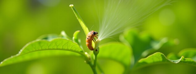 Naklejka premium Orange beetle on leaf with sunlight and green foliage in background