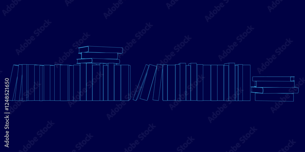 Poster a blue background with a series of lines and shapes that look like books. the lines and shapes are a