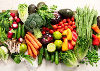 Assortment of fresh organic vegetables in rainbow colors.