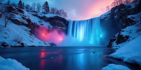 Luminescent waterfall plunges into icy lake, ethereal glow , bright, mystical