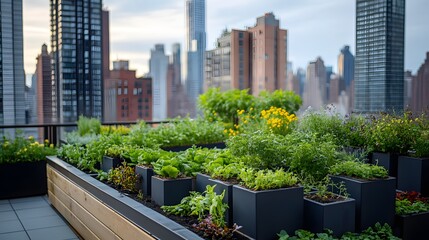 Fototapeta premium Sustainable Rooftop Urban Garden with Lush Greenery and City Skyline
